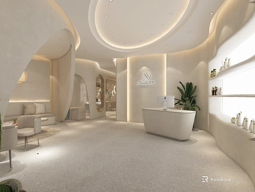 Elegant SPA Sauna Interior With Soft Lighting Comfortable Seating And Green Plants 3d model