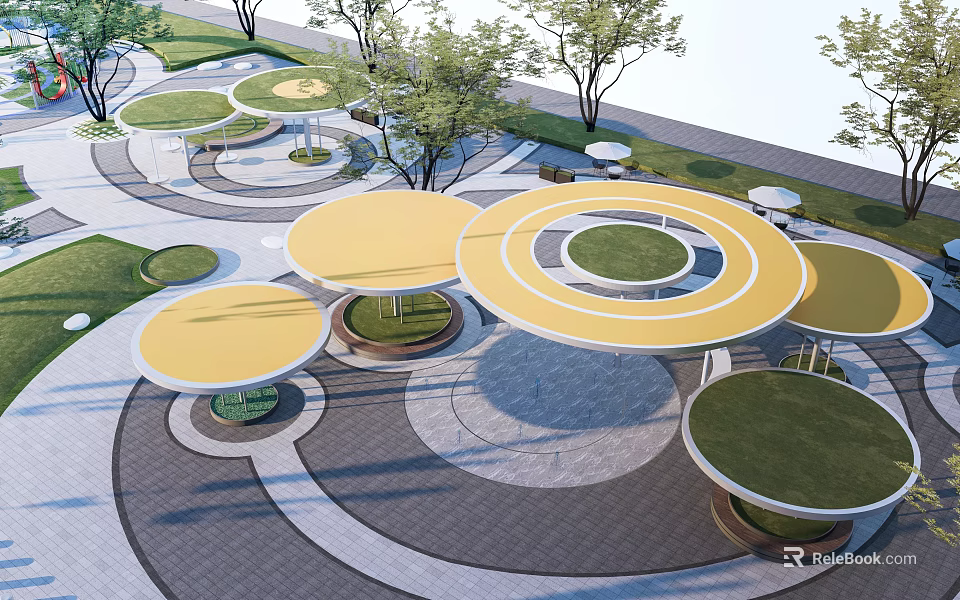 Park Landscape With Circular Designs Yellow Structures Lawns Trees And Paved Ground 3d model