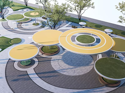 Park Landscape With Circular Designs Yellow Structures Lawns Trees And Paved Ground 3d model