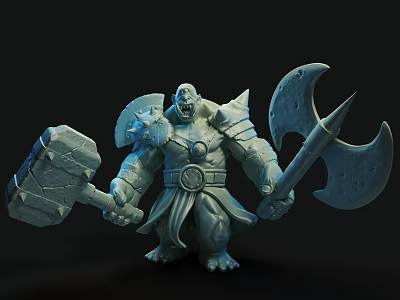 Sculpture Carving Fantasy Style Muscular Warrior Figure Holding Giant Hammer And Axe With Armor Details 3d model