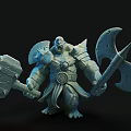 Sculpture Carving Fantasy Style Muscular Warrior Figure Holding Giant Hammer And Axe With Armor Details