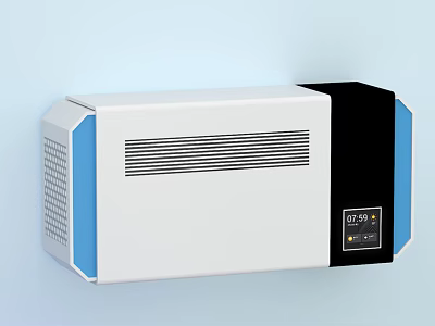 Modern Wall Mounted Air Conditioner Fan With White Blue Accents And Digital Control 3d model