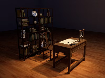 Wooden Desk and Chair Set with Bookshelf Books Globe in Study Room on Wooden Floor 3d model