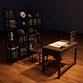 Wooden Desk and Chair Set with Bookshelf Books Globe in Study Room on Wooden Floor