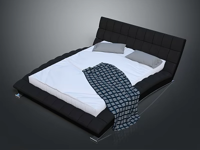Modern Upholstered Double Bed With Black Headboard White Sheet Gray Pillows And Patterned Blanket 3d model
