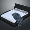 Modern Upholstered Double Bed With Black Headboard White Sheet Gray Pillows And Patterned Blanket 3d model
