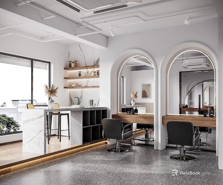 Modern Beauty Salon Interior With Curved Mirrors Black Barber Chairs And Green Plants 3d model 