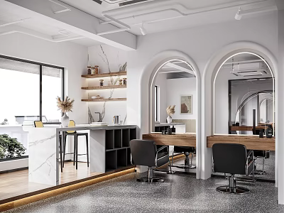 Modern Beauty Salon Interior With Curved Mirrors Black Barber Chairs And Green Plants 3d model