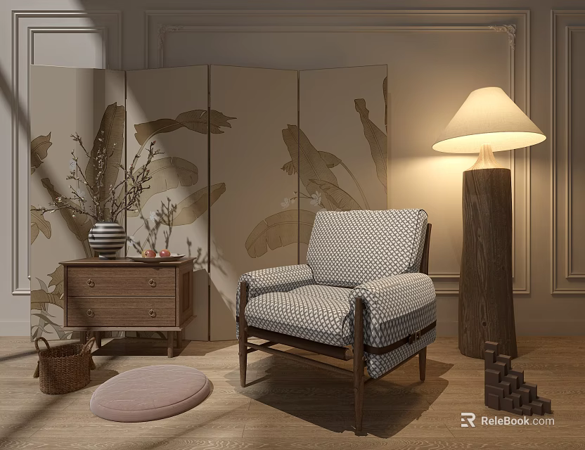 Elegant Living Room Interior With Single Sofa Leaf Pattern Screen Floor Lamp And Wicker Basket 3d model 