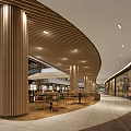 Shopping Mall Lobby Interior Design With Escalator Wooden Slat Ceiling Storefront Windows And Modern Lighting