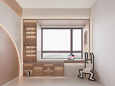 Modern Study Room With Window Built in Shelves and Art Decor 3d model