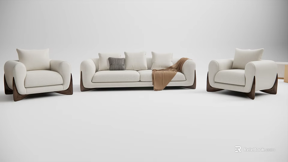 Light Beige Sectional Sofa With Decorative Pillows And Armchairs In Neutral Setting 3d model