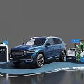 Car Showroom Showcasing Blue SUV With Direction Signs Green Plants And Display Stands