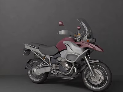 Gray Maroon Adventure Touring Motorcycle with Windshield Comfortable Seat Side Racks 3d model