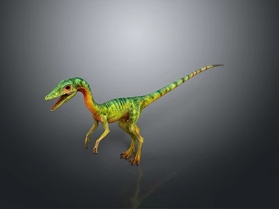 3D Model Dinosaur With Green Yellow Striped Body Open Mouth Standing On Gray Gradient Background 3d model
