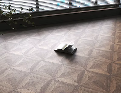 Geometric Pattern Wooden Flooring In Well Lit Interior With Plant And Book 3d model