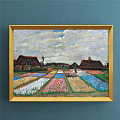 Landscape Painting of Colorful Boats on Beach with Blue Ocean and Sky in Golden Frame
