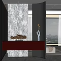 Elegant Modern Entryway Hallway Design With Red Drawer Cabinet Marble Panel And Decorative Ornament