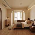 Warm Modern Bedroom Interior Design With Black Headboard Beige Pillows Brown Blanket And Wooden Floors