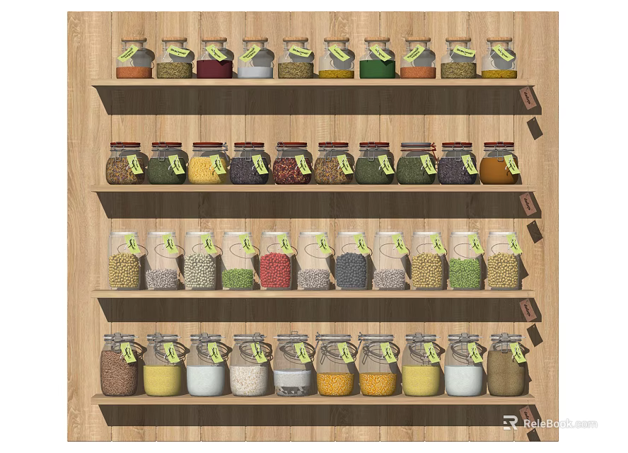 Organized Kitchen Wooden Shelf With Colorful Spice Jars And Various Spices 3d model 