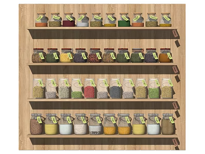 Organized Kitchen Wooden Shelf With Colorful Spice Jars And Various Spices 3d model