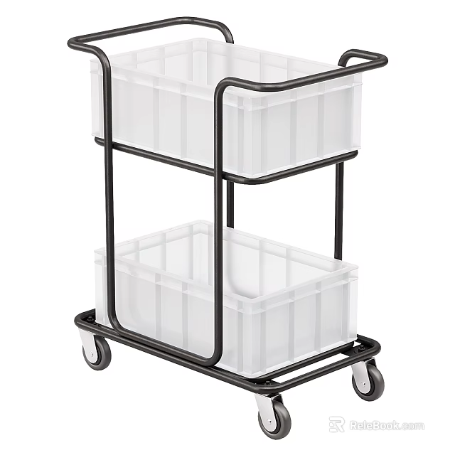 Rolling Storage Shelf with White Plastic Bins and Black Metal Frame 3d model 
