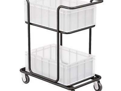Rolling Storage Shelf with White Plastic Bins and Black Metal Frame 3d model