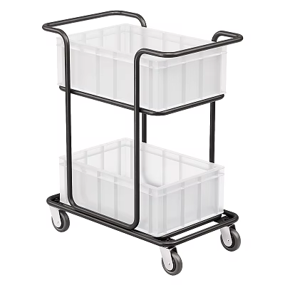 Rolling Storage Shelf with White Plastic Bins and Black Metal Frame 3d model