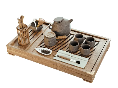 Wooden Tea Tray With Teapot Cups Caddy And Accessories Tea Set 3d model
