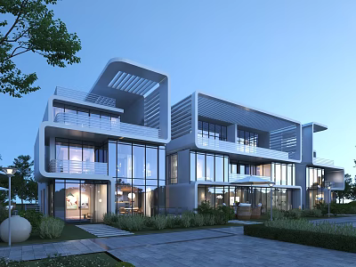 Modern Detached Villa With Large Glass Windows And Lush Greenery Front Courtyard 3d model