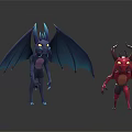 Blue And Red Fantasy Creature Characters With Horns And Wings