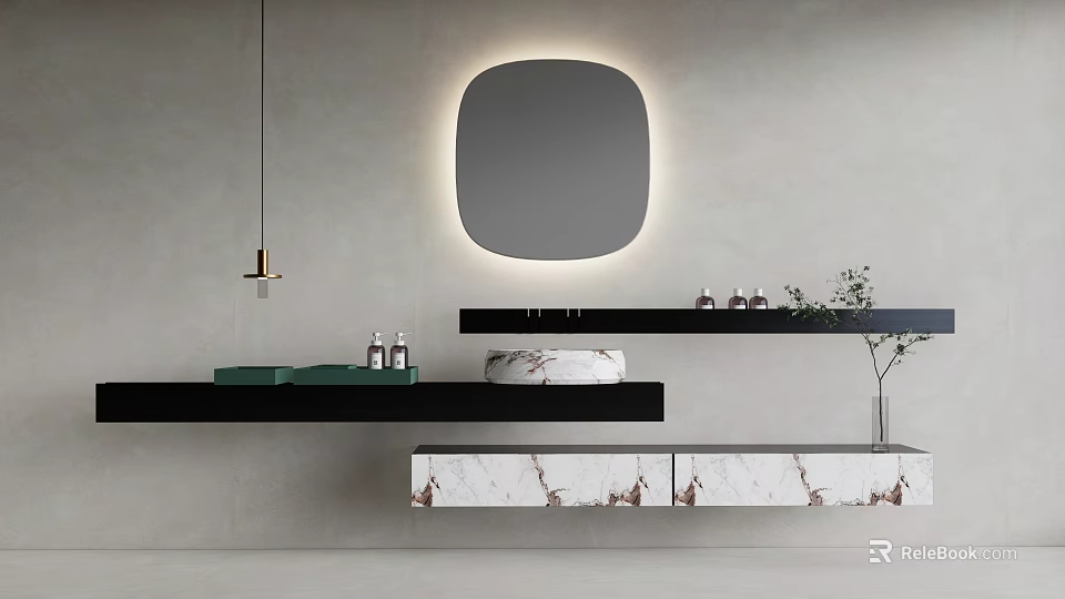 Modern Bathroom Vanity With Backlit Mirror Marble Countertop And Floating Shelves 3d model
