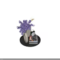 Stylish Decorative Ornament Set with Purple Flowers White Vase Woven Mat and Vintage Clock