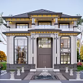 Elegant Detached Two Story Villa Featuring Large Windows Stone Lions And Balcony