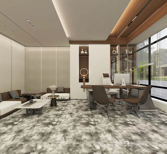 Modern Office Interior Design With Workspace Lounge Sofa Desk Chairs And Large Windows 3d model