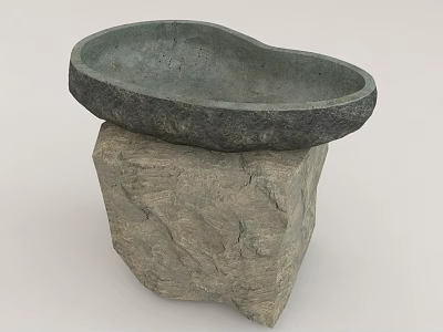 Oval Shaped Natural Stone Washbasin On Square Stone Pedestal With Rustic Texture 3d model