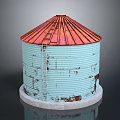 Rural Landscape With Red Roof Light Blue Silo Ladder And Rusted Details On Concrete Base