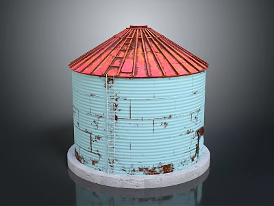 Rural Landscape With Red Roof Light Blue Silo Ladder And Rusted Details On Concrete Base 3d model