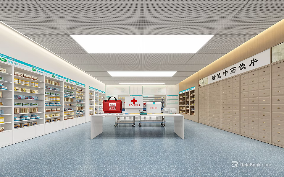 Spacious Pharmacy Interior Featuring Chinese Herbal Pieces Shelves And Medicine Displays 3d model 