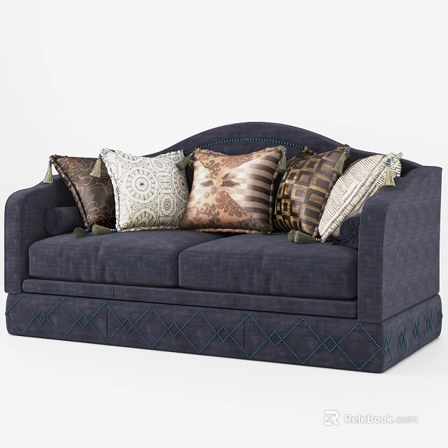 Navy Blue Two Seater Sofa With Multiple Patterned Decorative Cushions And Diamond Stitched Base Design 3d model