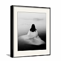 Black and White Portrait Long Haired Woman Rear View by Calm Water Blurred Background
