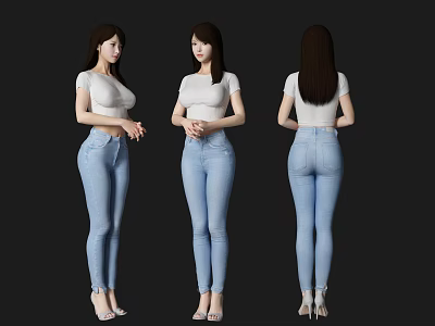 Woman In White T Shirt And Blue Jeans With High Heels Front Side Back Views 3d model