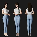 Woman In White T Shirt And Blue Jeans With High Heels Front Side Back Views