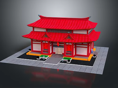 Cartoon Scenery Featuring Traditional Chinese Architecture With Red Curved Roof Front Steps And Green Plants 3d model