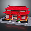 Cartoon Scenery Featuring Traditional Chinese Architecture With Red Curved Roof Front Steps And Green Plants