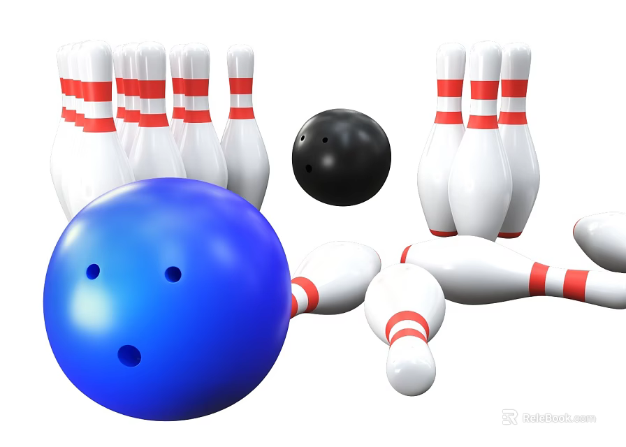 Sports Equipment Featuring Colorful Blue Black Bowling Balls And Standing Fallen White Pins 3d model 