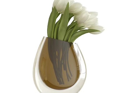 Decorative Ornament Set with Transparent Vase White Tulips and Green Leaves for Home Decor 3d model