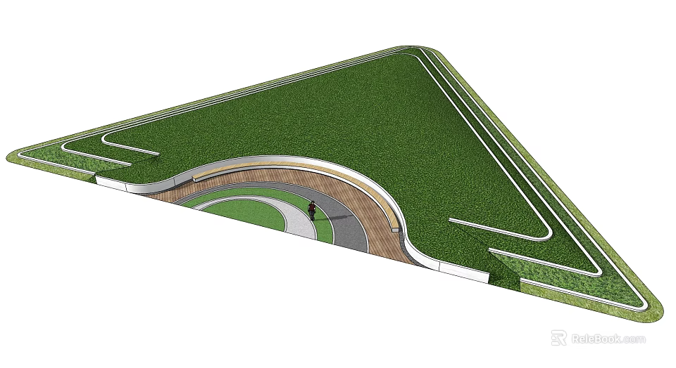 Plaza Landscape Design With Green Lawn Curved Pathway And People Walking 3d model 
