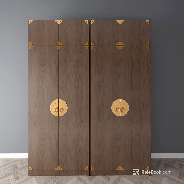 Traditional Wooden Wardrobe Design With Golden Circular Accents And Panel Doors 3d model 