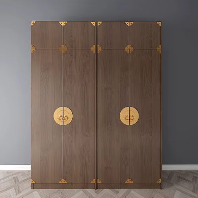 Traditional Wooden Wardrobe Design With Golden Circular Accents And Panel Doors 3d model